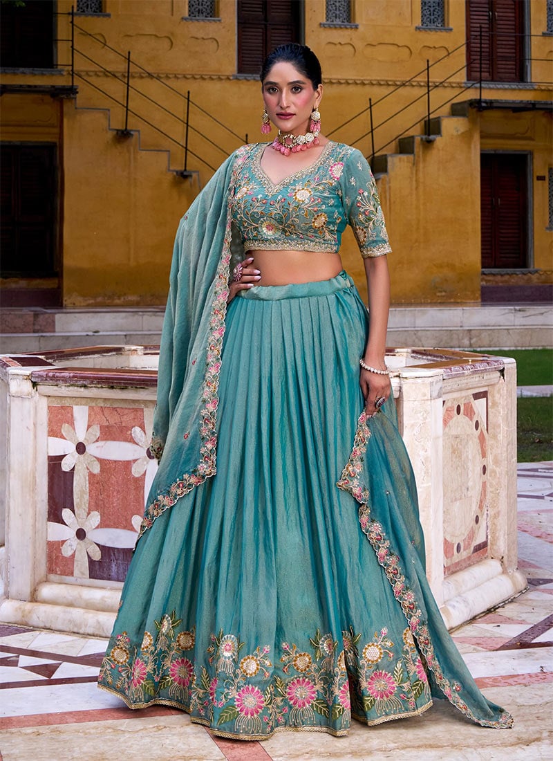 Sky Blue Zari Shimmer Silk Sequins Embroidered Lehenga Festive Wear