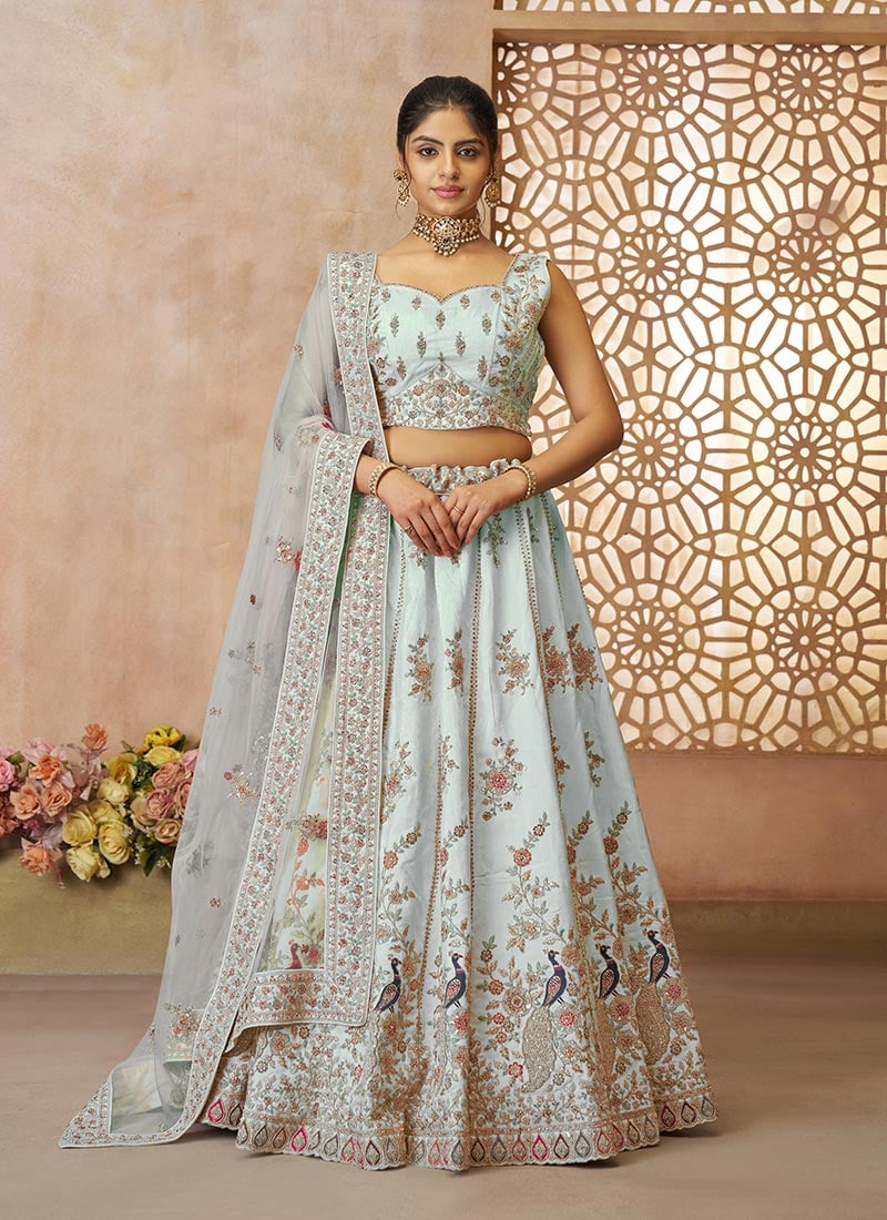 Sky Blue Zari Silk Embroidered Sequins With Stone Work Lehenga
