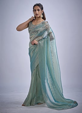 Sky BlueKanjivaram SilkHandEmbroideredSequinsWithCutdanAndTikkiWorkSaree