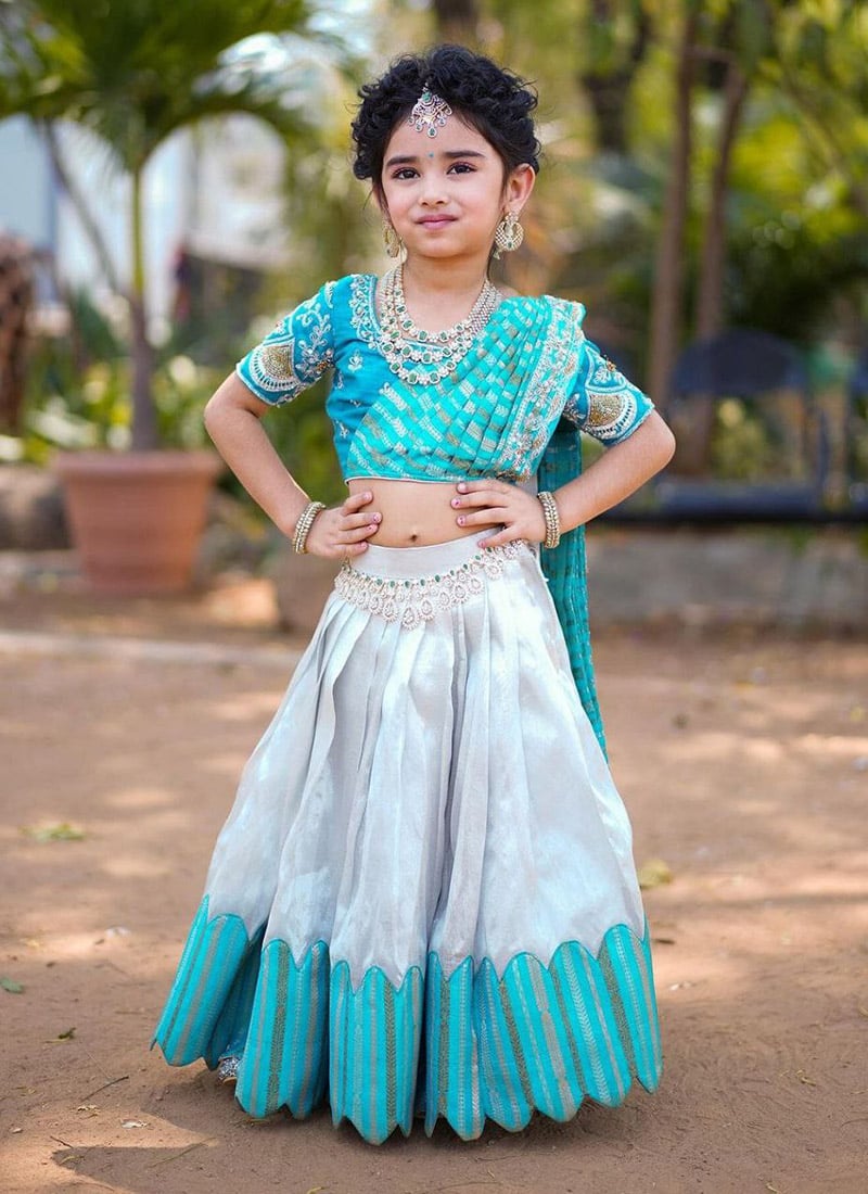 Sky Chinon Silk Embroidered Lehenga For Kids Girls Festive Wear