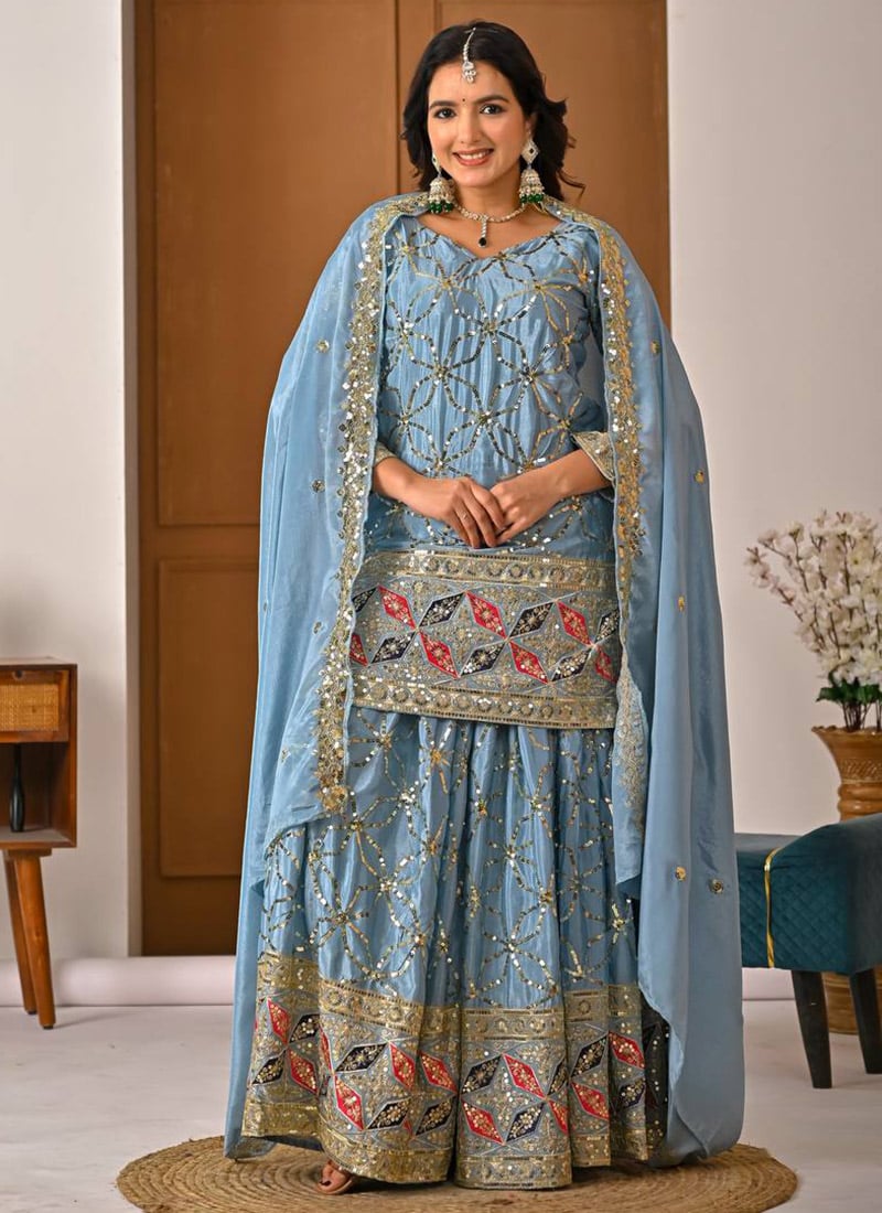Sky Chinon Silk Embroidered Sharara Suit After Six Wear
