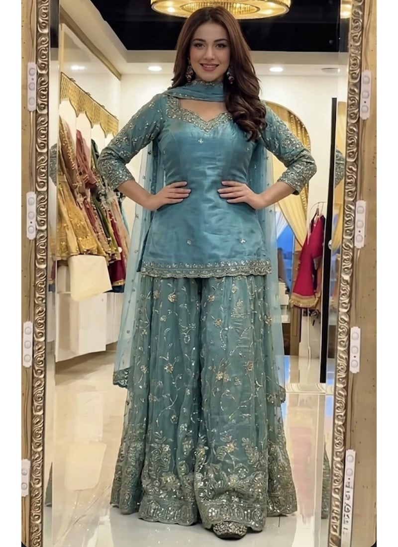Sky Fandy Silk Embroidered Sharara Suit After Six Wear