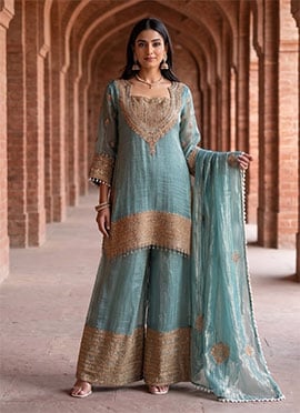 Sky Green Crunchy Silk Embroidered Palazzo Suit