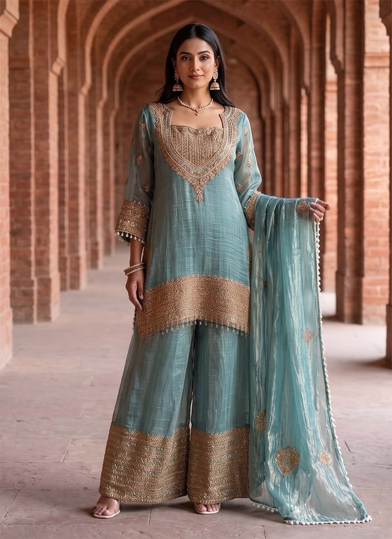 Sky Green Crunchy Silk Embroidered Palazzo Suit After Six Wear