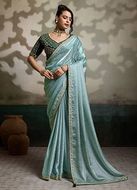Sky Green Velvet Satin Silk Zari Embroidered Sequins With Beads Work Saree