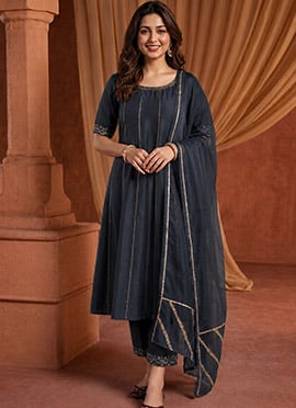 Slate Blue Silk Zari Resham Embroidered A Line Straight Pant Suit