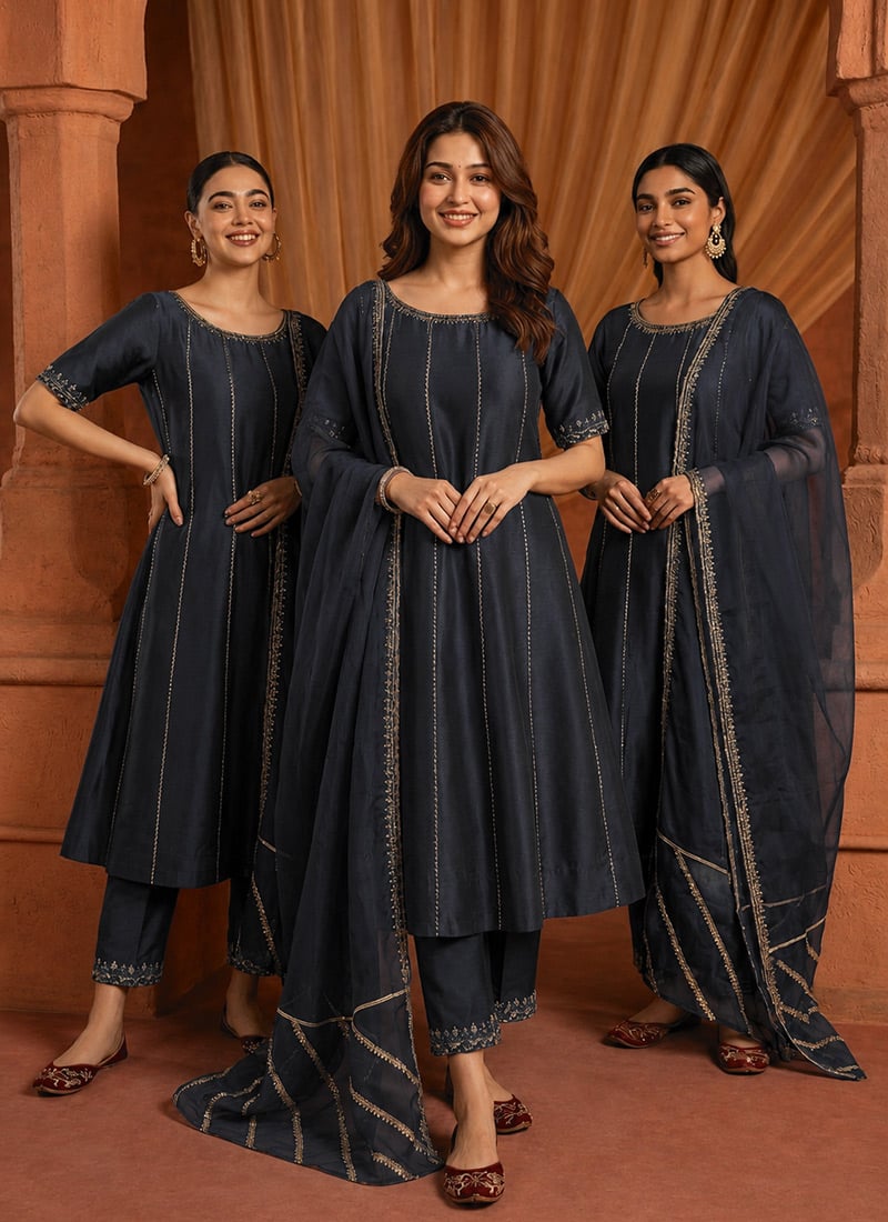 Slate Blue Silk Zari Resham Embroidered A Line Straight Pant Suit Festive Wear