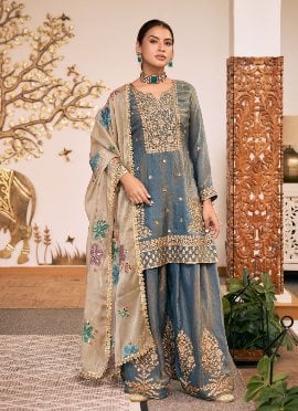 Slate Blue Zari Sequins Embroidered Silk Palazzo Suit