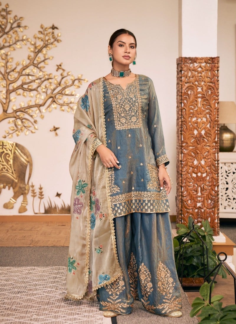 Slate Blue Zari Sequins Embroidered Silk Palazzo Suit Festive Wear