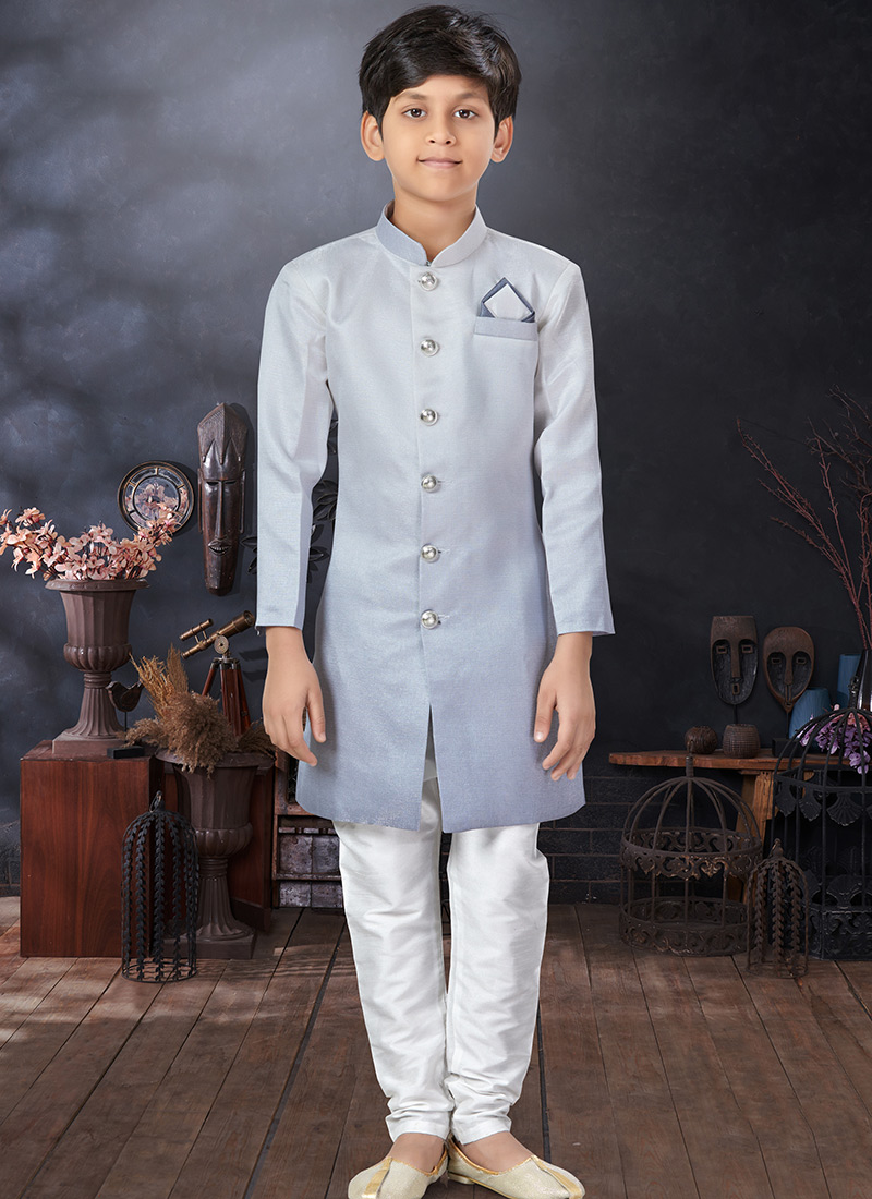 Slate Grey Art Silk Kids Boys Indowestern Sherwani Party Wear