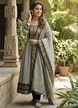 Slate Grey Cotton Jacquard Woven Anarkali Suit with Dupatta