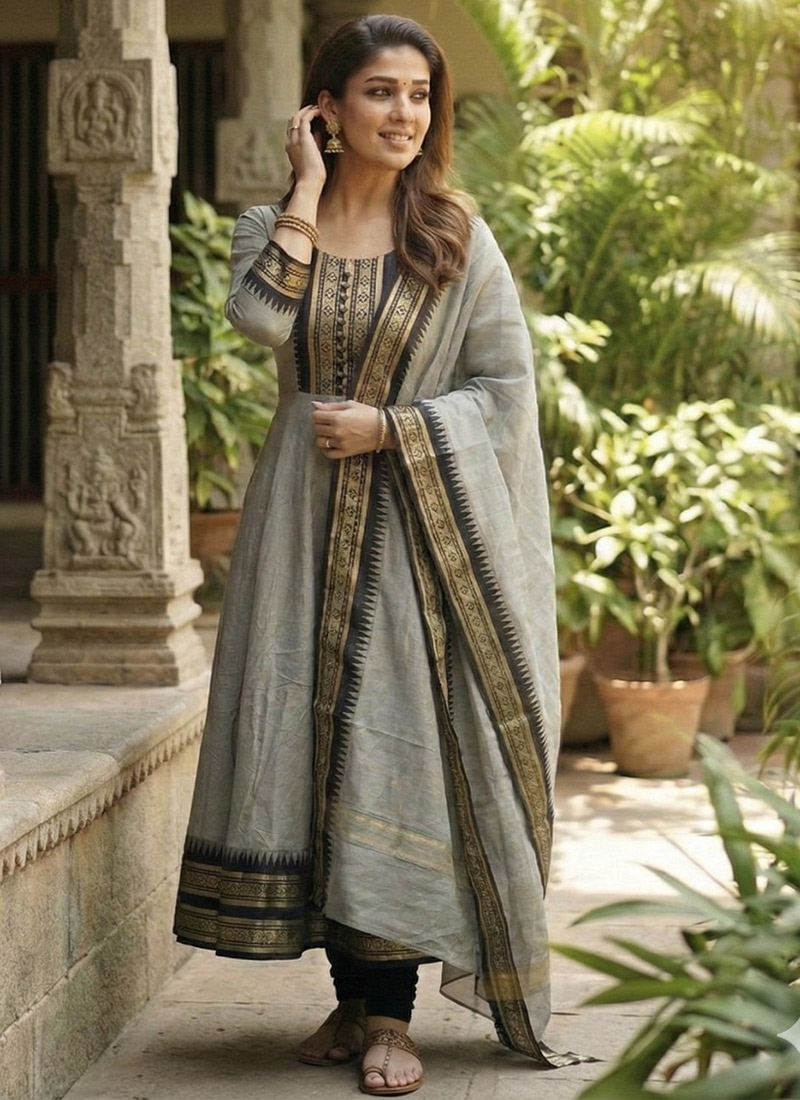 Slate Grey Cotton Jacquard Woven Anarkali Suit with Dupatta Festive Wear