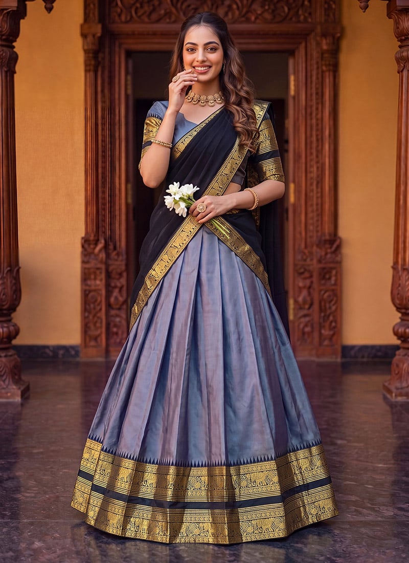 Slate Grey Cotton Zari Weaving Lehenga Festive Wear
