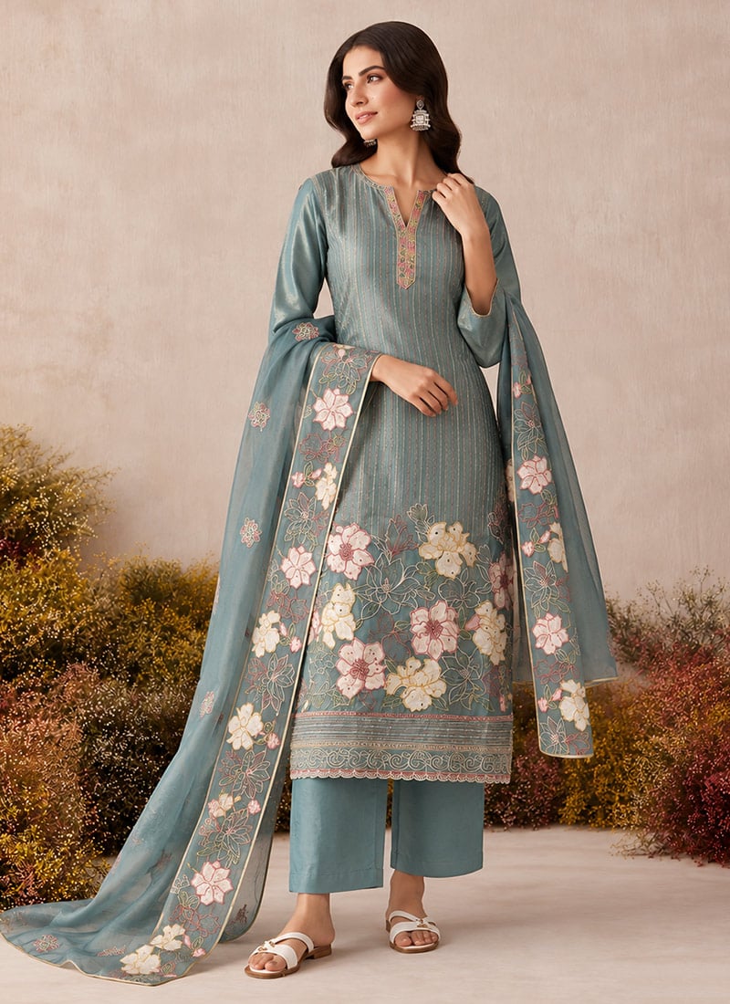 Slate Grey Zari Embroidered Shimmer Silk Straight Pant Suit Festive Wear