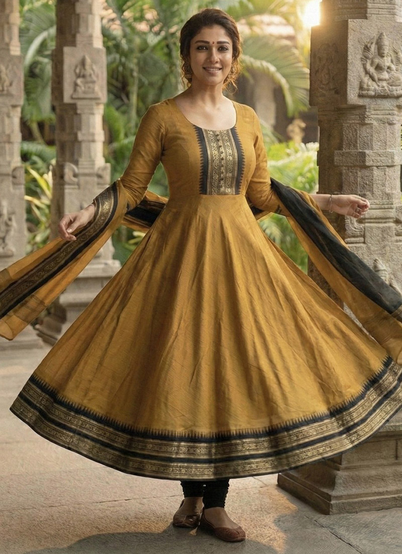 Slate Mustard Cotton Jacquard Woven Anarkali Suit with Dupatta Festive Wear