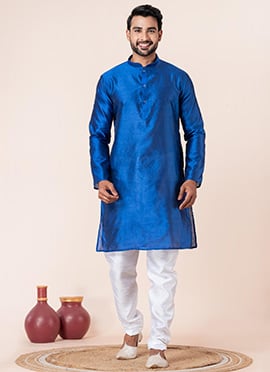Smart Blue Dupion Silk Plain Kurta Pyjama