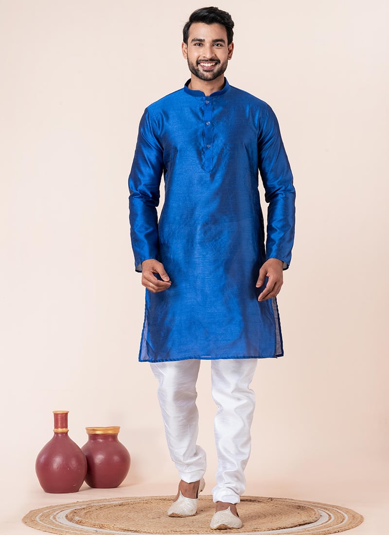 Smart Blue Dupion Silk Plain Kurta Pyjama Festive Wear