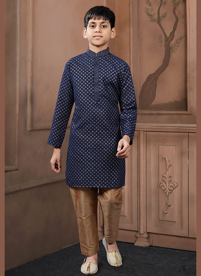 Smart Navy Blue Cotton Printed Kids Boys Kurta Pyjama Festive Wear