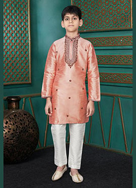 Smart Rust Art Silk Embroidered Kids Boys Kurta Pyjama