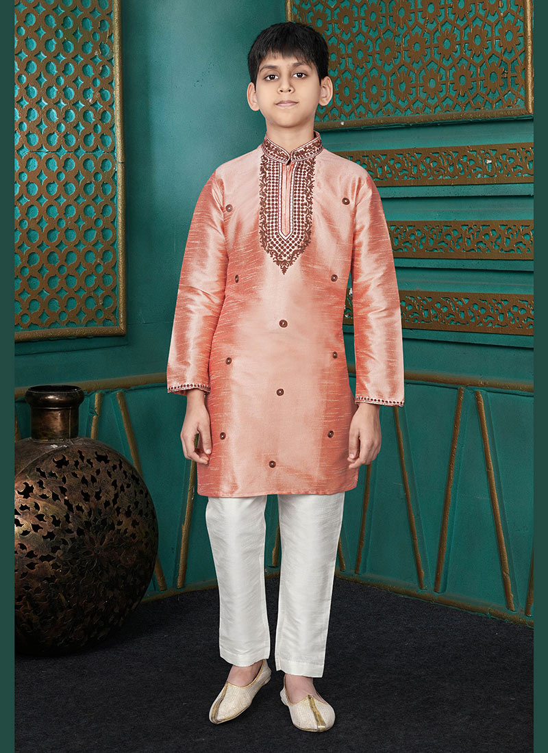 Smart Rust Art Silk Embroidered Kids Boys Kurta Pyjama Festive Wear