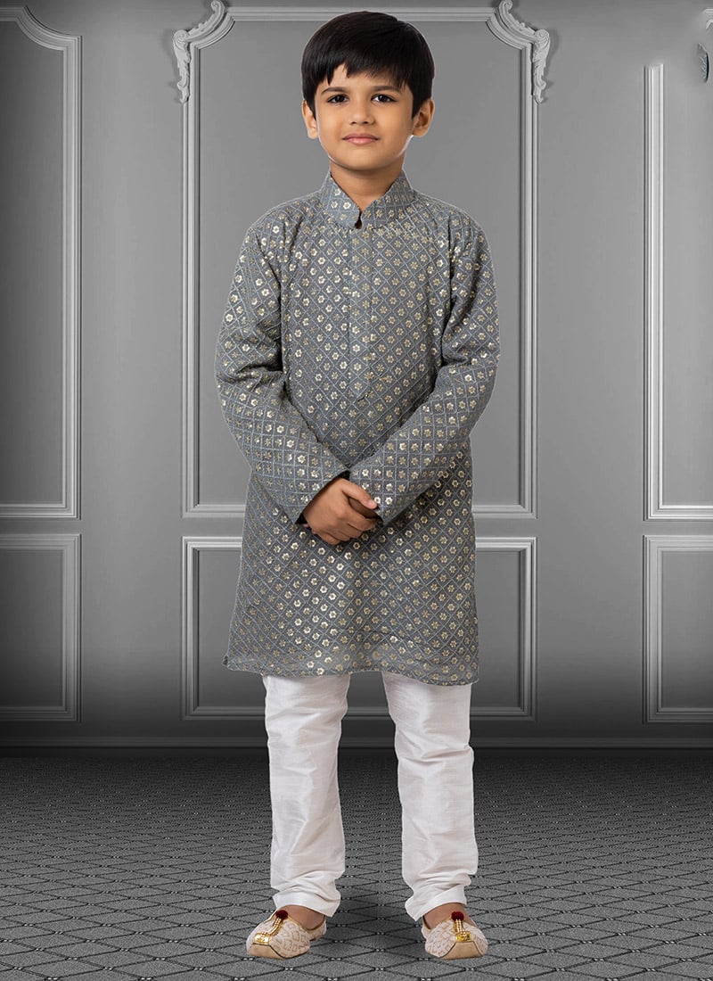 Smokey Grey Georgette Embroidered Boys Kurta Pyjama