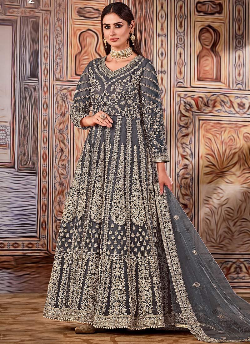 Smokey Grey Net Embroidered N Sequins Anarkali Suit Party Wear