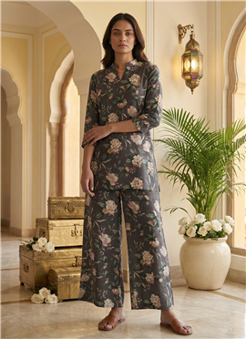 Smoky Grey Cotton Floral Co Ord Set