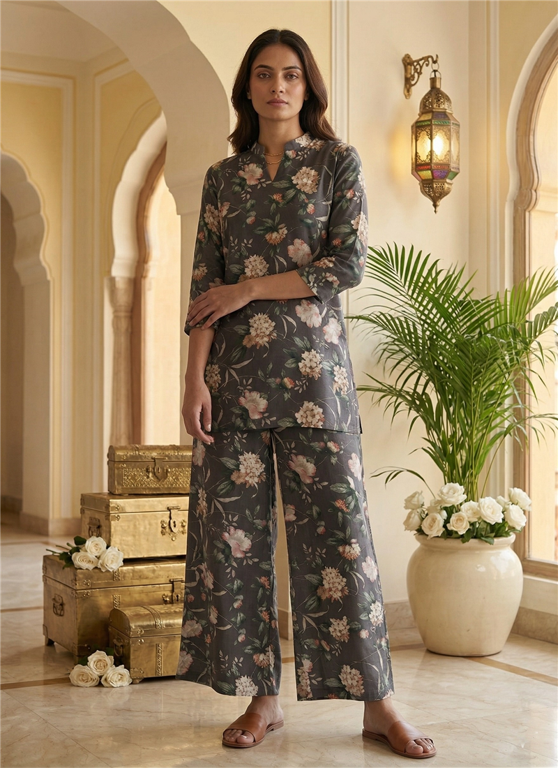 Smoky Grey Cotton Floral Co Ord Set After Six Wear