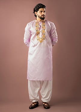 Soft Baby Pink Linen Embroidered Sequins Thread Kurta Pyjama