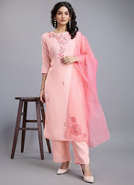 Soft Cotton Hand Work And Beads Straight Pant Suit