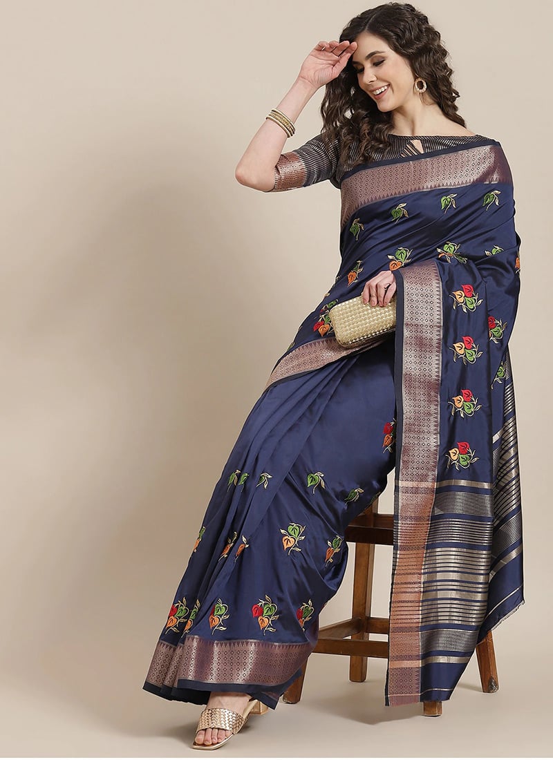 Soft Cotton Silk Colourful Thread Embroidery Work Golden Border Saree Festive Wear