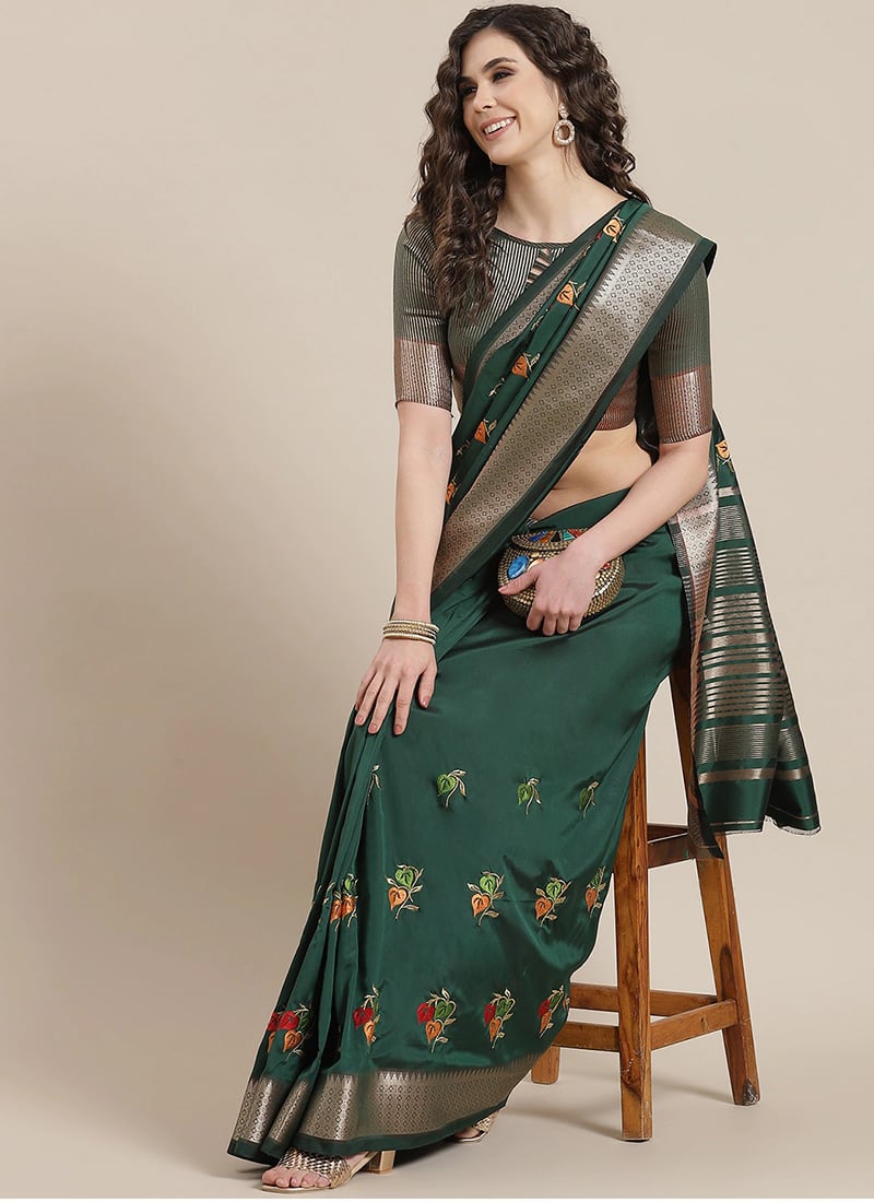 Soft Cotton Silk Colourful Thread Embroidery Work Golden Border Saree Festive Wear