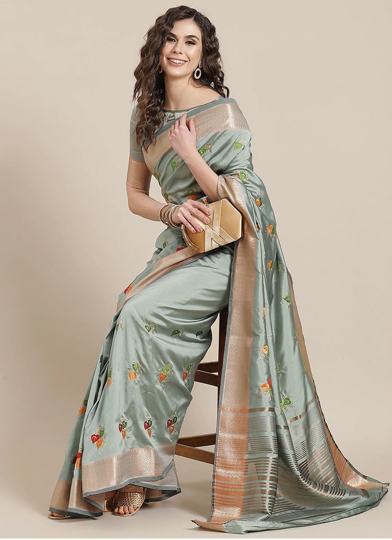 Soft Cotton Silk Colourful Thread Embroidery Work Golden Border Saree