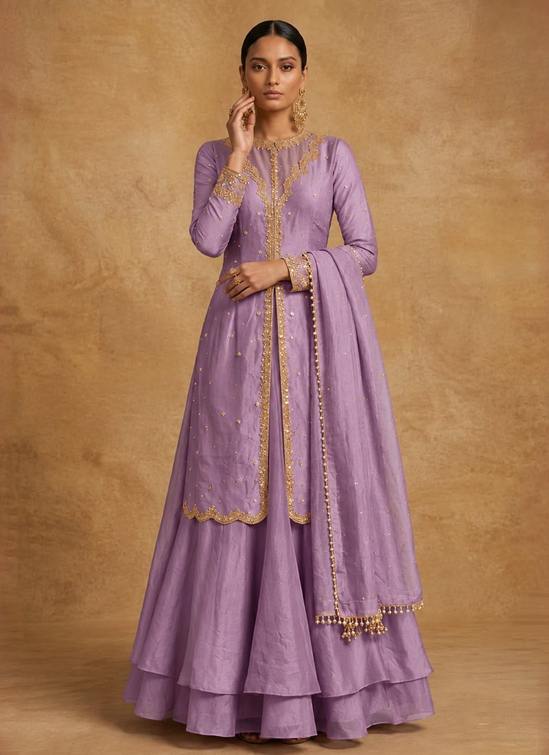 Soft Lavender Long Choli Lehenga Scalloped Silk Zari Sequins Hand Embroidered Wedding Wear