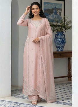 Soft Light Pink Silk Zari Stones Embroidered Straight Pant Suit