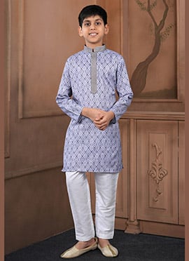 Soft Light Purple Cotton Printed Kids Boys Kurta Pyjama