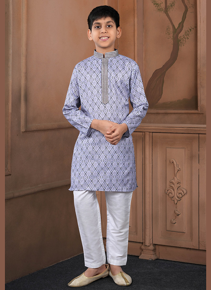 Soft Light Purple Cotton Printed Kids Boys Kurta Pyjama Festive Wear