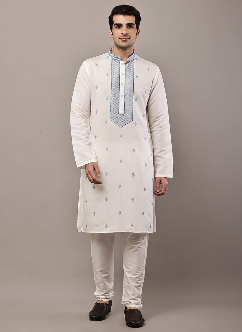 Soft Off White Viscose Silk Embroidered Sequins Kurta Pyjama Festive Wear