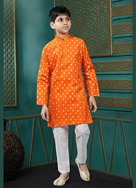 Soft Orange Cotton Foil Print Kids Boys Kurta Pyjama
