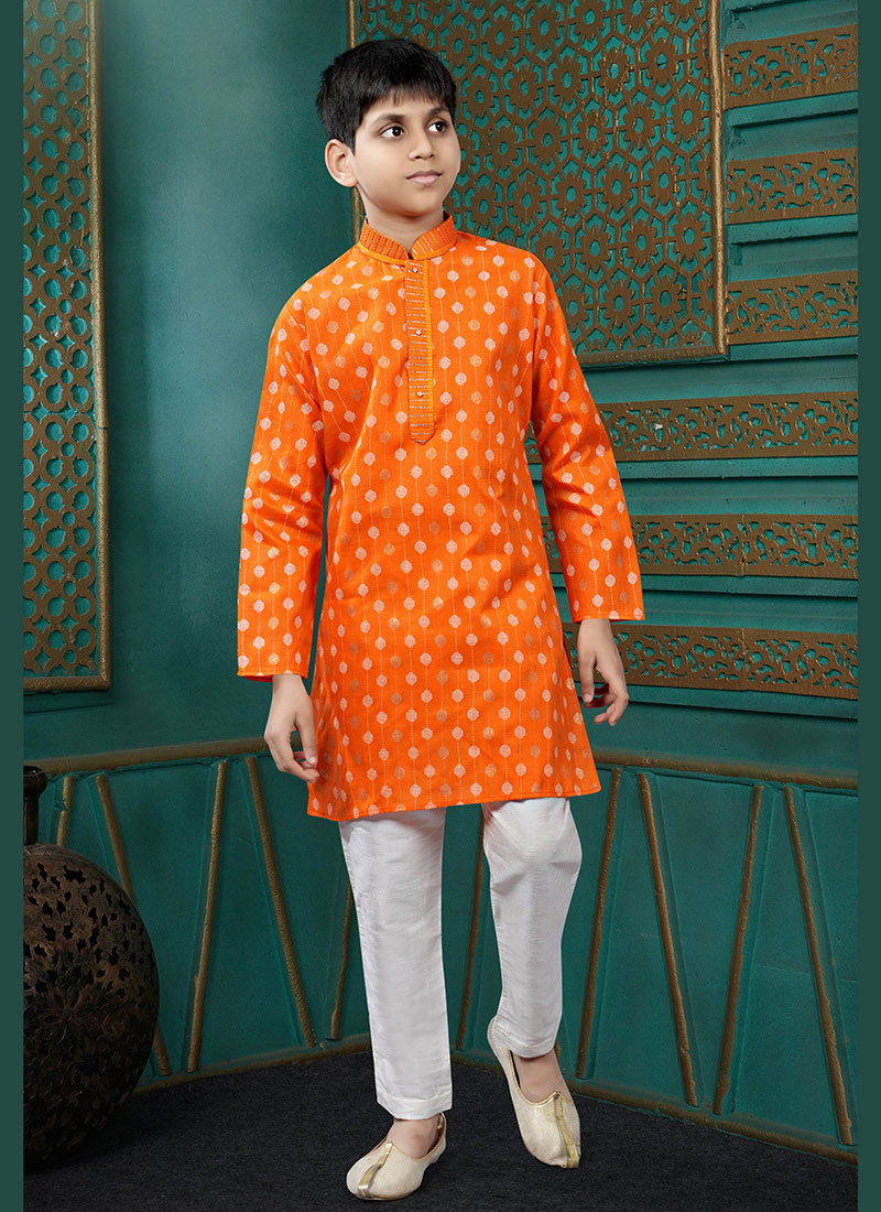 Soft Orange Cotton Foil Print Kids Boys Kurta Pyjama Festive Wear