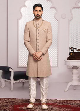 Soft Peach Art Silk Lucknowi Embroidered Classic Sherwani