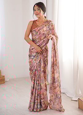 Soft Peach Chinon Digital Floral Print Saree