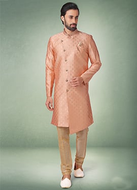 Soft Peach Jacquard Silk Brocade Indowestern Sherwani