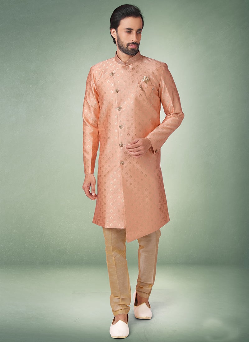 Soft Peach Jacquard Silk Brocade Indowestern Sherwani Wedding Wear