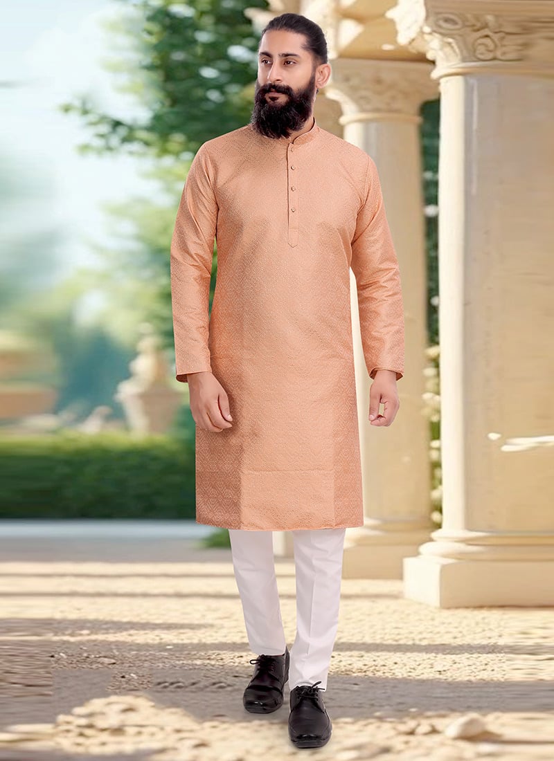 Soft Peach Jacquard Silk Kurta Pyjama Festive Wear