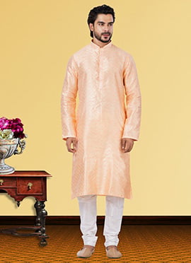 Soft Peach Linen Silk Zari Work Kurta Pyjama
