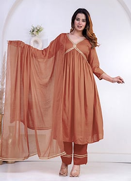 Soft Peach Rayon Zari Lace Work Anarkali Suit