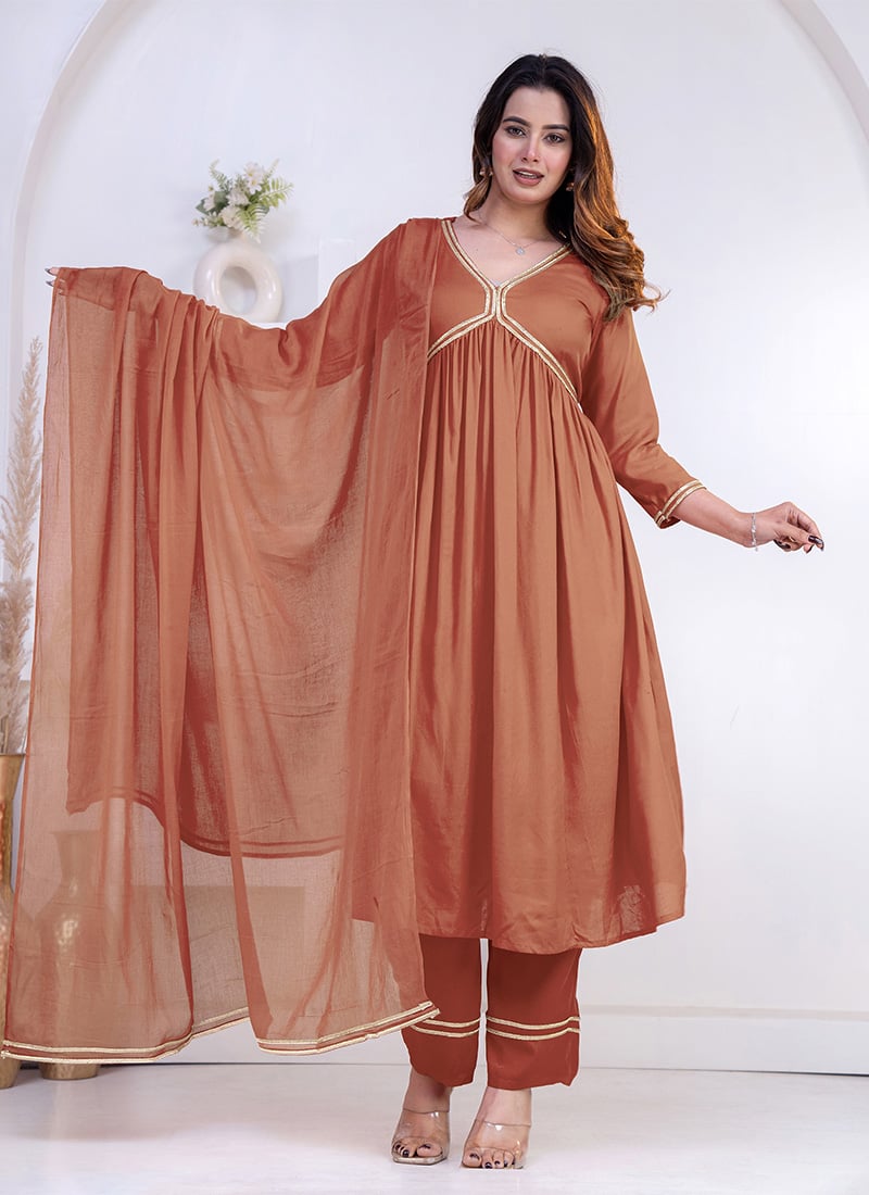 Soft Peach Rayon Zari Lace Work Anarkali Suit After Six Wear