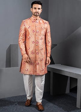 Soft Peach Silk Zari Embroidered Thread Indowestern Sherwani