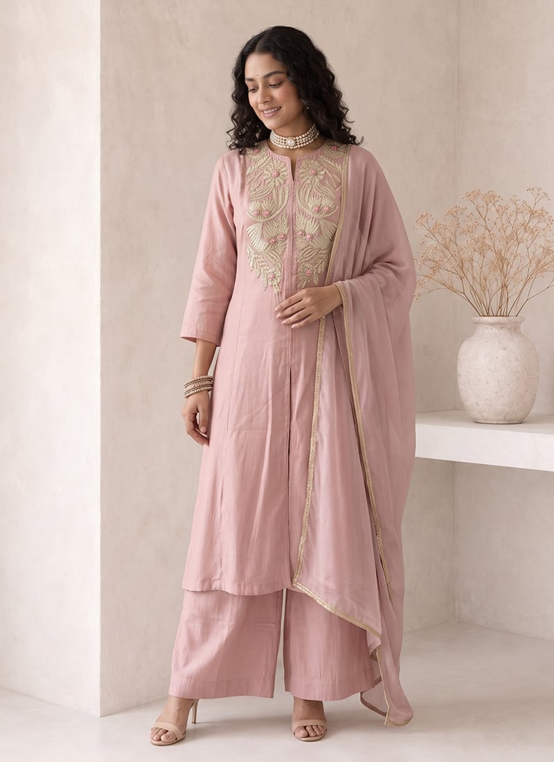 Soft Rose Pink Silk Embroidered A Line Anarkali Palazzo Suit Festive Wear